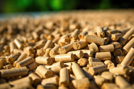 Organic biofuel wooden pellets made from compacted sawdust and by-product of woodworking operations. Alternative energy, ecological heating, biofuel concept. close up.の素材