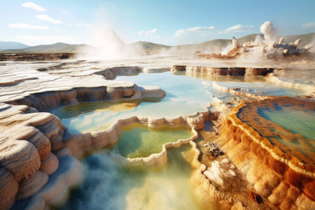 Natural geothermal Mammoth hot springs. A living example of the symbiosis between Earth's energy and its surroundings. An eco-friendly source of health. Yellowstone National Park.の素材