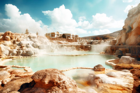 Thermal hot springs. Natural sources of heat and mineral-rich waters, harnessed for tourism, spa. Sustainable use of natural resources and renewable energy.の素材