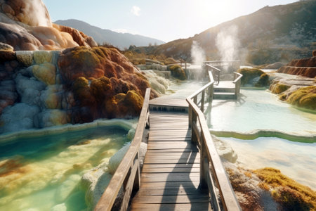 Geothermal Resorts. Terrace Mammoth Hot springs nestled amidst unique natural landscapes. Therapeutic baths and beautiful views to restore and relax the mind and body. Yellowstone National Park.の素材
