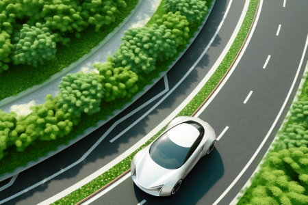 Electric car driving on the road in eco-friendly city with green spaces. Concept of Improvement of ecology and air quality. view from above.の素材