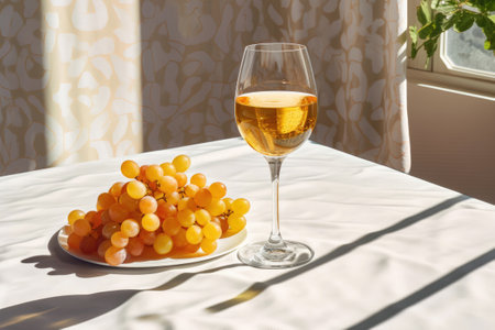 A crystal glass with amber wine, rich orange in color, and a white plate with grapes stand on a table draped with white fabric. Natural light from the window casts soft shadows. Modern minimalism.の素材