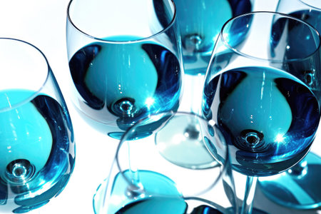 A group of glasses with trendy blue wine, a deep indigo beverage, is set on a white table. The minimalistic elegant luxury, basking in the sunlight of a summer day. close up. copyspace.の素材