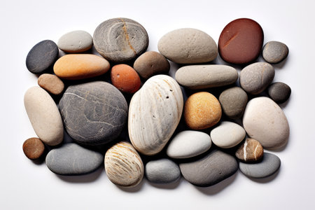 Stones of various sizes and shapes on a white, gracefully create a soothing stone background. A zen-like ambiance. The minimalistic arrangement fosters feelings of calmness and relaxation.の素材