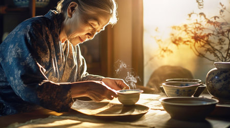An old Japanese woman grandmother in a kimono prepares and serves tea in a traditional Japanese house in the rays of the dawn sun. tea ceremony concept.の素材