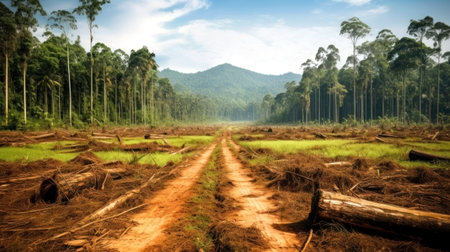 Environmental degradation and ecological imbalance. Human-driven deforestation disrupts ecosystems, causing habitat loss and biodiversity decline. Traces of heavy equipment on the ground.の素材