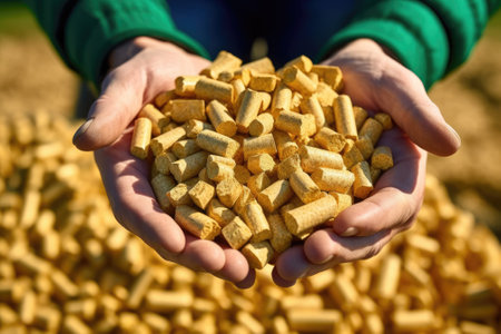 Man hands hold wooden pellets. Handful of wood pellet fuel in a person hands. Organic biofuel made from compacted sawdust. Alternative energy, ecological heating, biofuel concept. top view.の素材