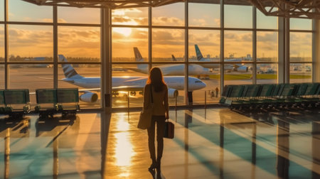 A panoramic view of a determined businesswoman at the airport terminal, with a suitcase in hand, reflects the anticipation of an upcoming business journey.の素材