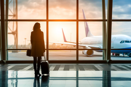Against the backdrop of an airplane and bright departure gate, a businesswoman stands confidently. Ready to embark on her business trip, she exemplifies the modern female entrepreneur on the go.の素材