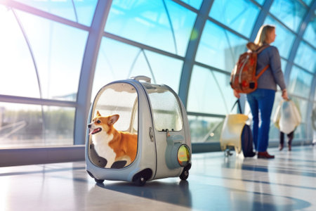 Cute smiling and happy corgi sits in a dog carrier in the airport room looking forward to vacation travel. Sunny day, people in the background. Creative concept Air transport of pets.の素材