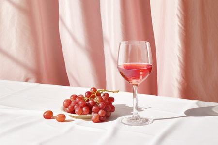 Delicate rose wine in crystal glass, radiating a soft pink hue that harmonizes with the pale pink fabric on the table. Sunlight interplays with shadows. Modern minimalism and refined taste concept.の素材