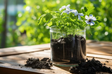 Biochar added to the soil when planting flowers. Garden in the background. Biochar increases the carbon content of the soil, enhancing its fertility and providing optimal conditions for plant growth.の素材