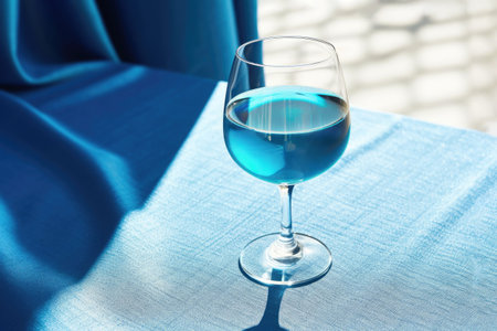 Crystal glass with blue wine placed on a table draped with blue fabric. Natural Sunny summer light and delicate shadows create an atmosphere of tranquility. minimalism.の素材