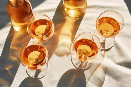 Group of glasses with amber wine, radiating a rich, deep orange hue on a table with beige fabric. Minimalist trendy style. Gentle sunlight, caustic light and shadows of a serene summer day. top view.の素材