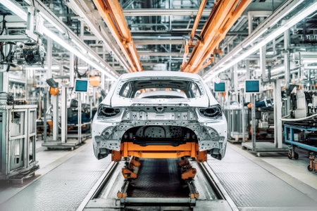 Assembly of an electric vehicle in a modern and technologically advanced automotive plant using cutting-edge manufacturing processes. The concept of green transportation.の素材