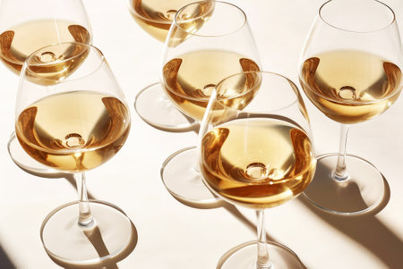 Group of glasses with white wine, radiating a rich, deep orange hue on a light beige table. Minimalist trendy style. Gentle sunlight, caustic light and shadows of a serene summer day. close up. top view.の素材