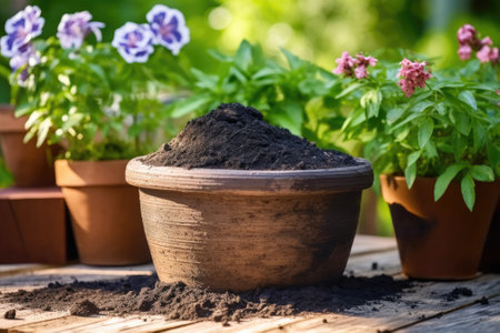 Biochar in a pot and flowers in clay pots with garden in the background. Biochar increases the carbon content of the soil, enhancing its fertility and providing optimal conditions for plant growth.の素材