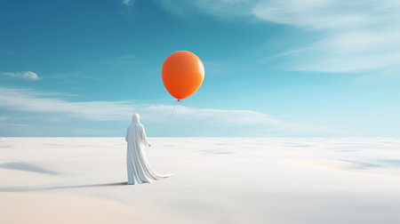 Generative AI. A female figure in a white dress and flying big orange balloon. blue sky and desert. Conceptual, creative and surreal artwork. Concept of loneliness and mental health.Copy space.Bannerの素材