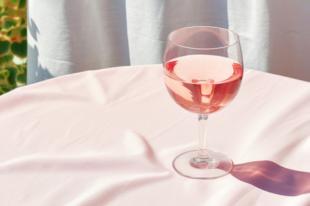 An elegant glass of pale pink rose wine on a table with soft pink fabric. Sunlight dances through, casting gentle shadows and caustic light, embodying a concept of modern sophistication and minimalism.の素材