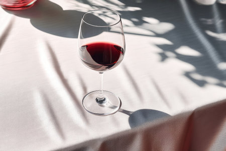 A luxurious wine glass with organic red wine, in the sunlight on a table with white fabric. The minimalistic scene, summer vibes and organic elegance..Top view. copyspace.の素材