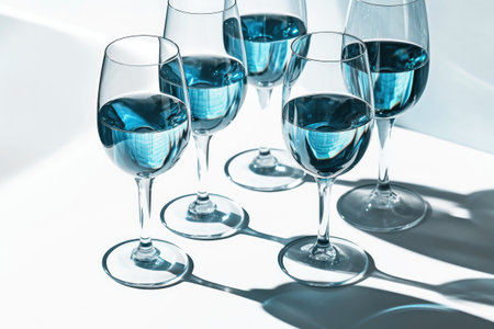 A group of glasses with trendy blue wine, a deep indigo beverage, is set on a white table. The minimalistic elegant luxury, basking in the sunlight of a summer day.の素材