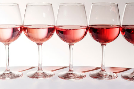 A group of glasses with pink, rose and red wine stand in a line, in a row on a white and pink table. The concept of showing different shades of red and rose wine in comparison. minimalistic style.の素材