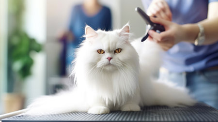 White fluffy cat in the grooming salon. The cat looks into the camera. Hands of pet grooming master. Animal hygiene and pet care concept. copyspace. Banner. Generative AI.の素材