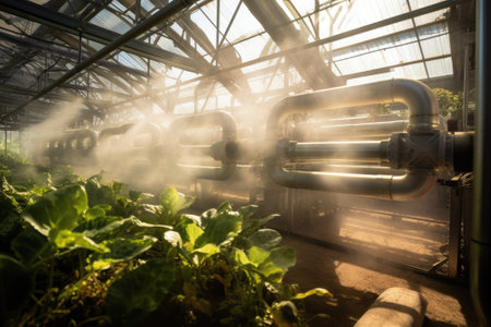 Greenhouses using geothermal energy, where the heat is obtained from biomass warms the plants.の素材