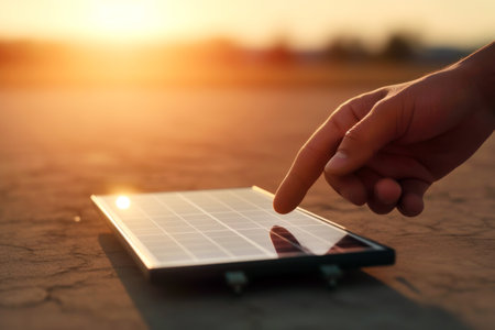 Modern technology and power bank. A man turns on a touch-sensitive portable solar charger with a touch of a finger. Gadgets powered by renewable energy. Sustainable technology for the environment.の素材