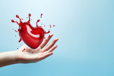 A hand catches a red heart with drops of blood flying and floating in air on a blue background. Creative concept World donor day, national blood donor month. Banner, copy space.の素材