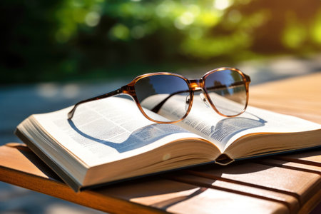 Glasses on the pages of an open book in a serene sunlight summer park setting. Concept of calmness and escape into knowledge.の素材