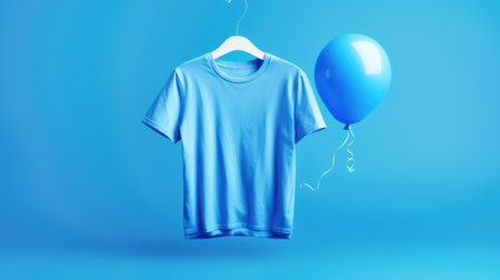 On a monochrome, minimalistic background, blue balloon and t-shirt mock-up. Creative concept tailored for advertising, highlighting shopping, discount, and sale. Template for web banners. Copy space.の素材