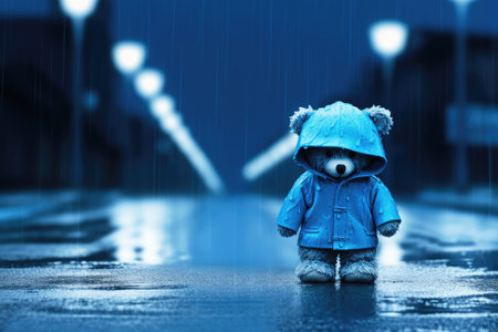 A sad blue toy bear in raincoat stands in the rain, looking down at the puddles. Blue Monday and loneliness concept. Copy space.の素材