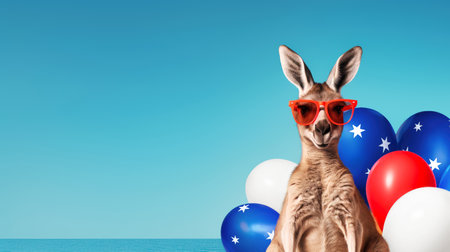 A funny Kangaroo in sunglasses sits next to balloons in the colors of the Australian flag against a background of blue sky and sea. Australia day creative concept. Horizontal banner. Copy space.の素材