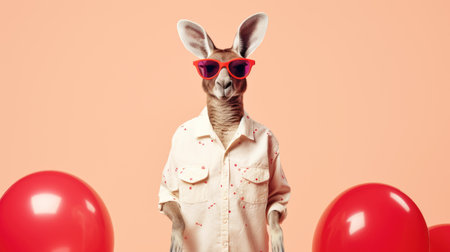 Australian kangaroo in pastel pink shirt and sunglasses with red balloons on a peach fuzz background. Abstract portrait of a wild animal. Modern party concept. Copy space. Horizontal banner.の素材