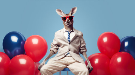 A business Kangaroo in a suit, tie and sunglasses sits relaxed on a chair next to balloons in the colors of the Australian flag on a blue background. Australia day party concept. Banner. Copy space.の素材