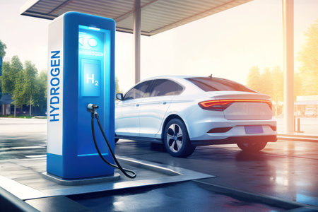 A white car is parked at a hydrogen fuel gas station. Ready for refueling, at a cutting-edge hydrogen station. Emission free eco friendly transport.の素材