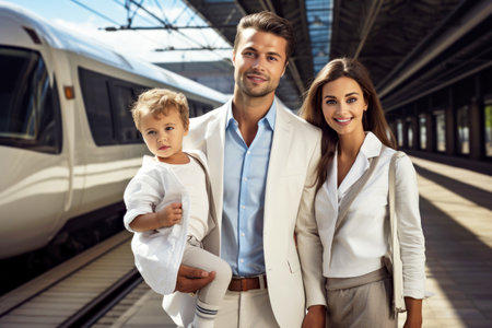 Young caucasian white family standing on a train platform waiting to go in journey. Concept of joy of eco-friendly high-speed train travel and efficient public transportation for trip on vacation.の素材