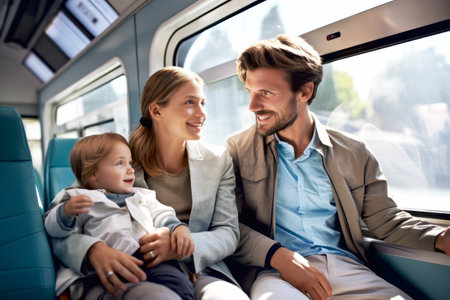 Family enjoys a traveling together on a train. A father, mother and child smiling. Concept of joy of eco-friendly high-speed train travel and efficient public transportation for travel on weekend.の素材