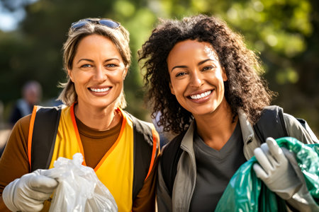 Portrait happy smiling adult women volunteer employees on a corporate teamwork park cleanup, collecting waste garbage. Concept of sustainability and eco, social responsibility, caring environment.の素材