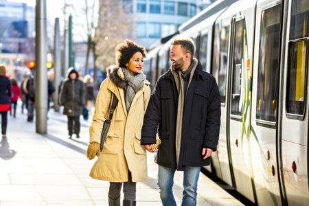 Smiling couple together in city public transport stop, white tram on background. Concept joy togetherness of eco-friendly travel, urban mobility and green technology tramway transportation.の素材