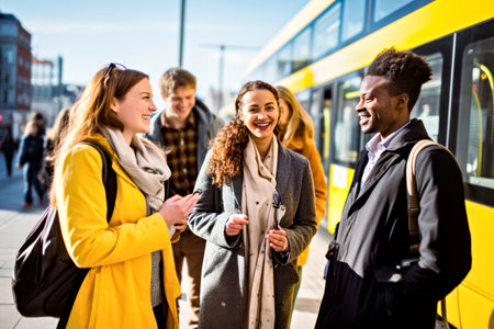 Diverse group passenger commuters in city public transport stop, yellow tram on background. Concept joy of eco-friendly travel, urban mobility, green technology tramway and electric bus transportationの素材