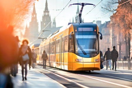 A yellow tram moves through city streets. People walk in morning sunlight on background. Concept of eco-friendly public transport, urban mobility and green technology tramway transportation.の素材