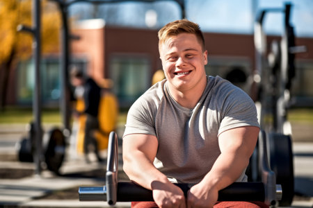A young smiling male bodybuilder with Down syndrome, full of positivity, works out at an outdoor gym in a sunny day. Concept of inclusivity fitness, adaptive workouts for people with disabilities.の素材