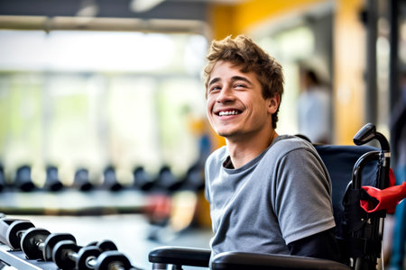 Smiling young man with cerebral palsy enjoys his workout in wheelchair in gym. Concept of adaptive workout fitness, accessibility environment in public spaces for people with disabilities. Copy space.の素材