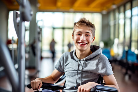 A smiling young man with cerebral palsy in a wheelchair on a gym background. Concept of adaptive workout fitness, accessibility environment in public spaces for people with disabilities.の素材