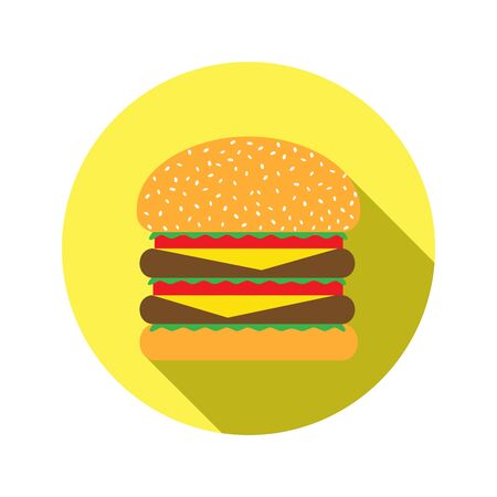 Cheeseburger with salad leaves, ham and sesame seeds. Big tasty colorful snack. Digital vector illustration with long shadowのイラスト素材