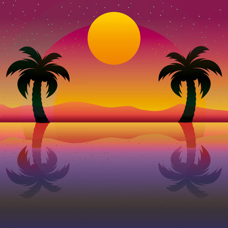 Silhouette of palm with sun seaside vector illustrationのイラスト素材