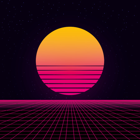 synthwave wireframe net and sun 80s Retro Futurism Background 3d illustration renderのイラスト素材