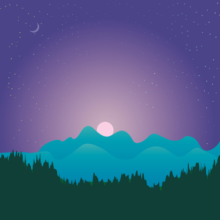 The abstract vector image reforestation in the foreground and different levels of the mountains in the background. Mountain landscape. Forest in the mountains. Untouched nature. Majestic mountains.のイラスト素材